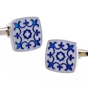 Elegant White Square Cufflinks with Portugal Blue Fleur Di Lis
